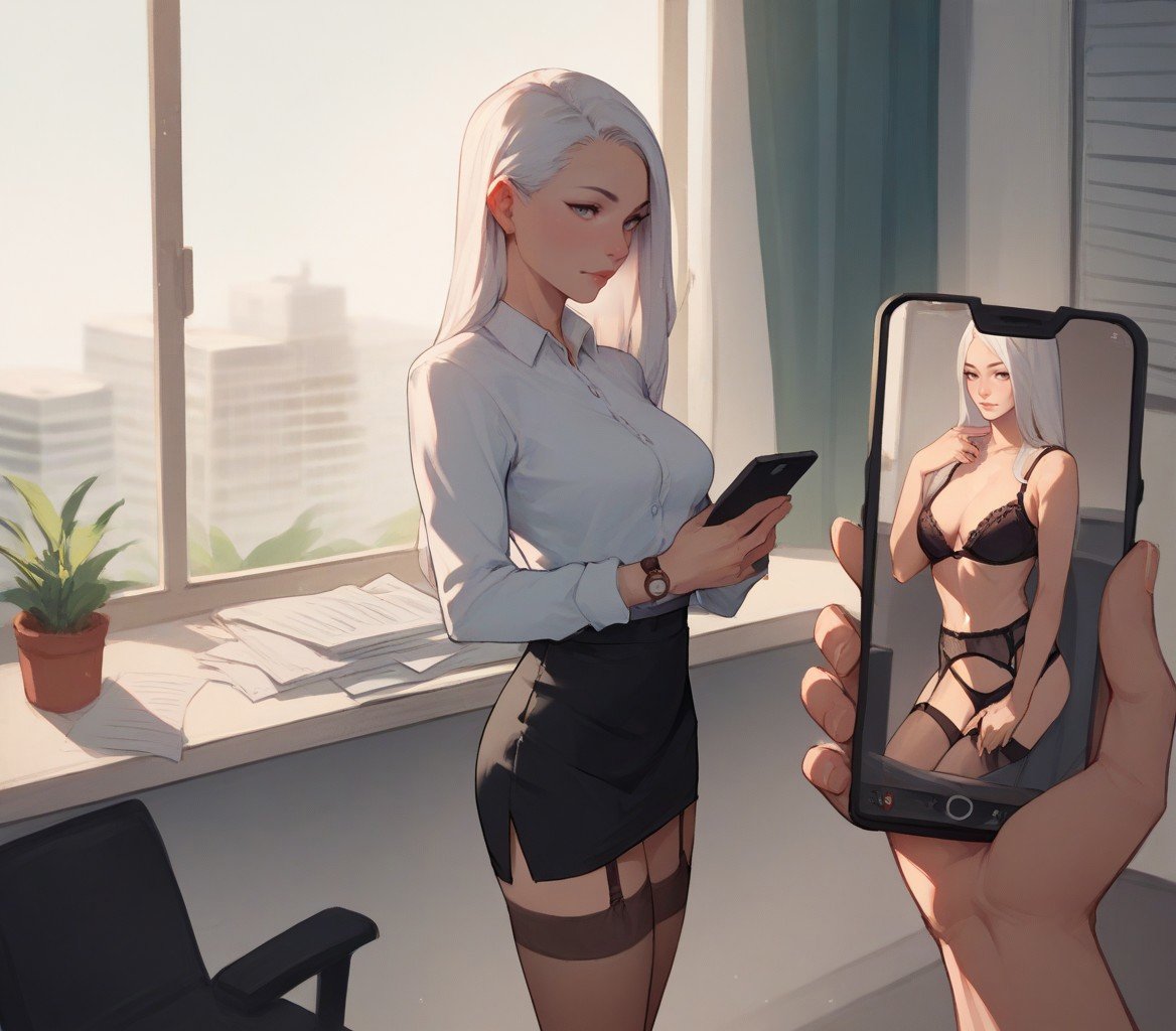 1girl, office lady, long hair, standing, office, score_9, score_8_up, score_7_up, score_6_up, score_5_up, score_4_up, phone, screen, fully clothed, phone exposure, garter straps, garterbelt, lingerie, bra, nude, first person view, white hair,  <lora:PhoneExposurePonyXL:1>, skimpy