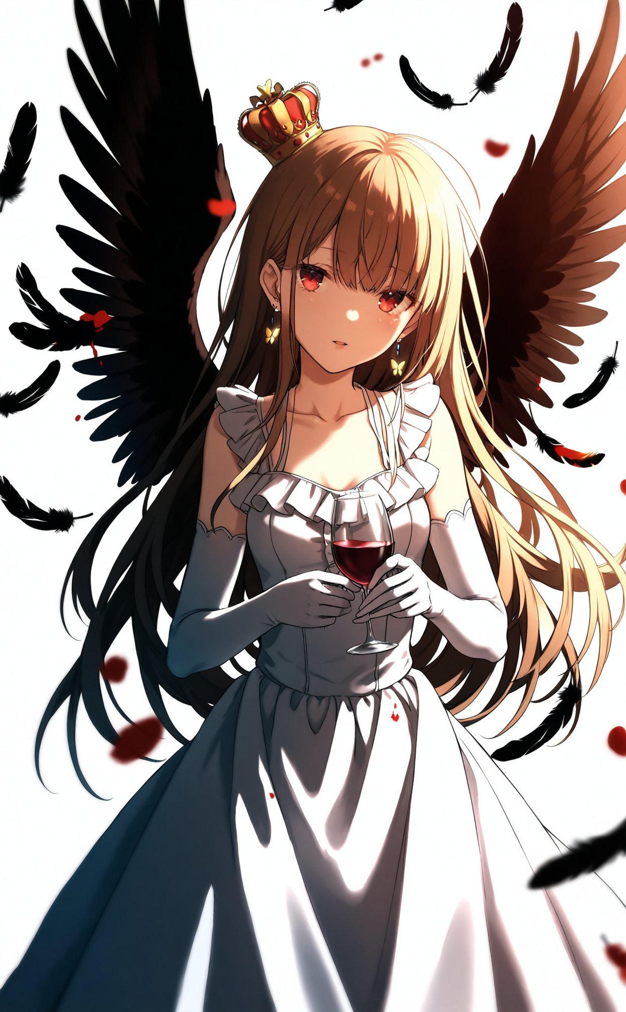 masterpiece),(best quality),illustration,ultra detailed,hdr,Depth of field,(colorful),Artist amane utata,1girl,wings,solo,elbow gloves,blood,gloves,dress,long hair,red eyes,feathered wings,black wings,crown,white dress,white gloves,bug,looking at viewer,feathers,earrings,jewelry,butterfly,breasts,sleeveless,very long hair,head tilt,sleeveless dress,cup,collarbone,holding,blood on clothes,skirt hold,drinking glass,wine glass,white background,frilled dress,bow,standing,parted lips,small breasts,holding cup,bare shoulders,frills,mini crown,