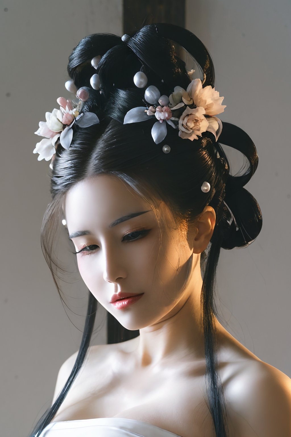 1girl,black hair,flower,grey background,indoors,long hair,realistic,solo,<lora:handudou_lbc:0.8>,high quality,masterpiece,