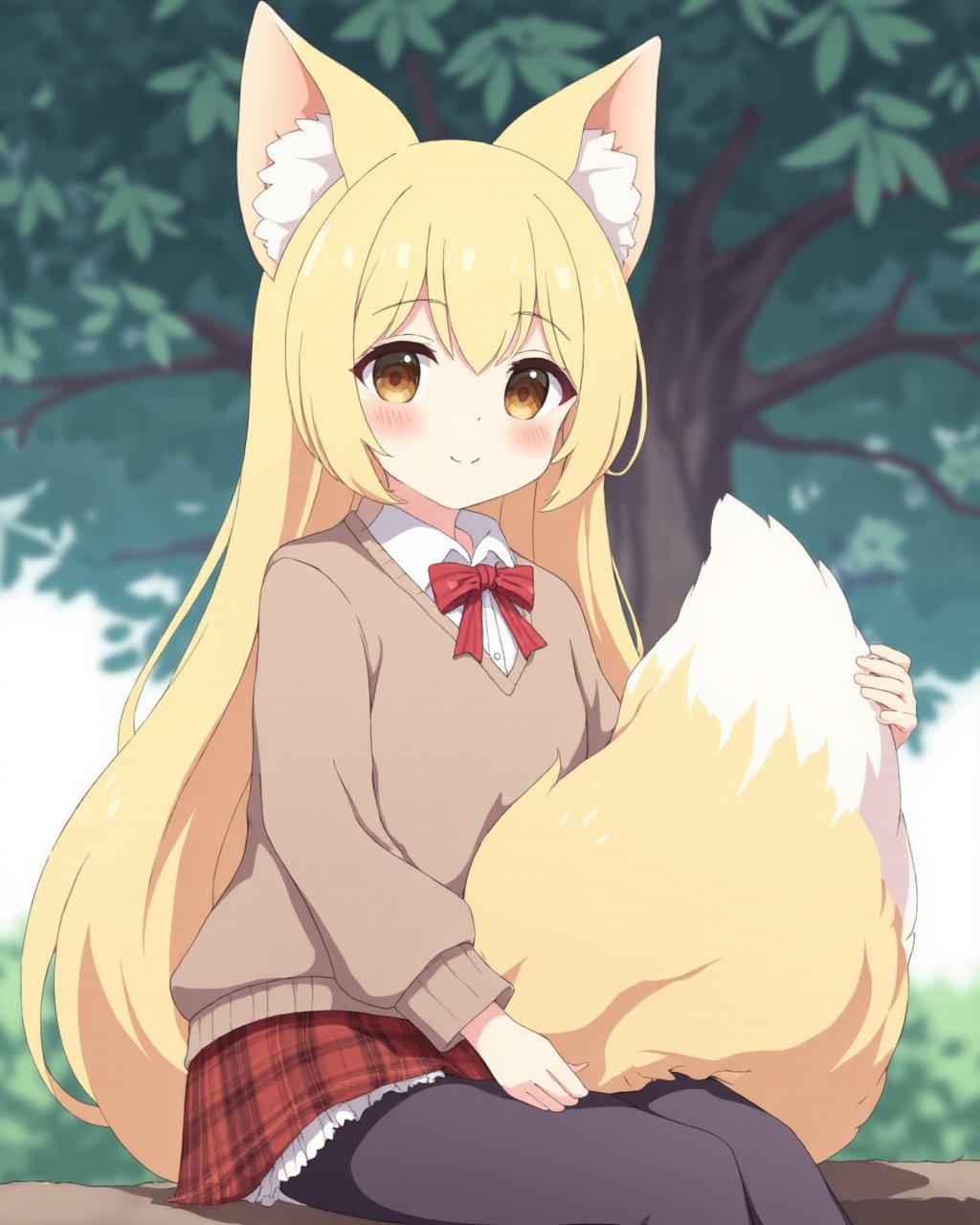 <lora:flux-ty:1.8>,Artist_tyomimas,loli,1girl,Artist Tyomimas, Loli,  a virtual character with blonde hair and brown eyes, wearing a brown sweater over a white shirt, paired with a plaid skirt and black pantyhose. the character has animal ears, specifically fox ears, and fox tail, giving her a cute and playful look. she also has long hair with animal ear fluff, enhancing her fox-like appearance. the character is depicted sitting and looking directly at the viewer, holding her own tail in a friendly manner. the background features a tree, suggesting an outdoor setting. the tags 'commission' and 'skeb_commission' indicate that this artwork might be a custom request for a fan or collector. the 'original' tag suggests that this character design is unique and not based on any existing character. overall, this character embodies a cute, playful, and friendly persona, typical of virtual characters with animal ears.