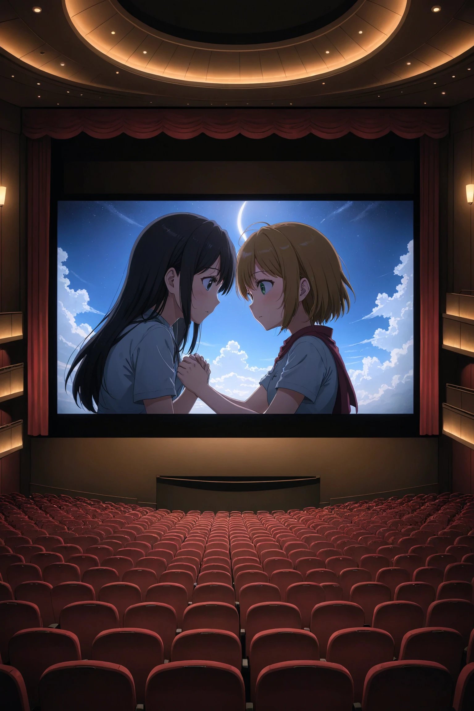 A touching scene from an anime displayed on a movie theater screen.