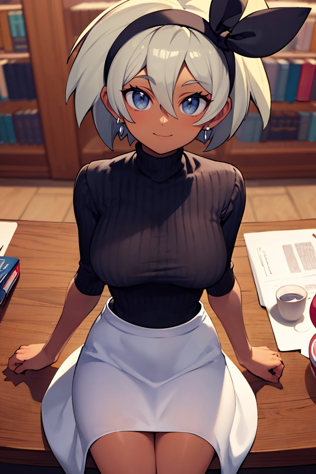 ((masterpiece,best quality)), absurdres,   <lora:Bea_Pokemon_v2:0.8>, bea (pokemon),   black hairband, dark-skinned female, hair between eyes, grey hair, short hair, grey eyes,   turtleneck sweater, earrings, library, cup of coffee, sitting at table,  solo, smile, looking at viewer, sitting, from above,  <lora:Bold_CAT:0.5>,