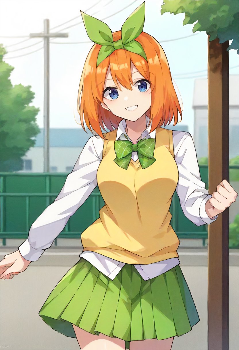 score_9, score_6_up, source_anime, 1girl, solo, cowboy shot, school, outdoors, nakano yotsuba, orange hair, hair bow, green bowtie, yellow sweater vest, collared shirt, green skirt, light smile <lora:quintessential_quintuplets_sdxl_pony:0.8>