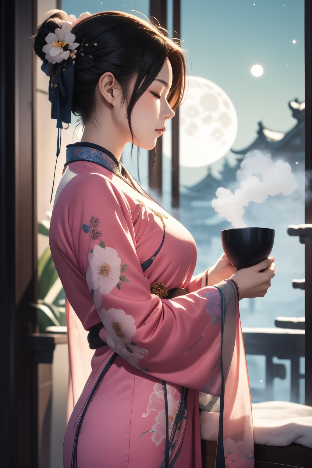 lbc girl,a woman in a pink dress holding a cup,solo,long hair,black hair,hair ornament,holding,closed eyes,flower,indoors,hair flower,cup,profile,night,chinese clothes,moon,steam,holding cup,full moon,hanfu,