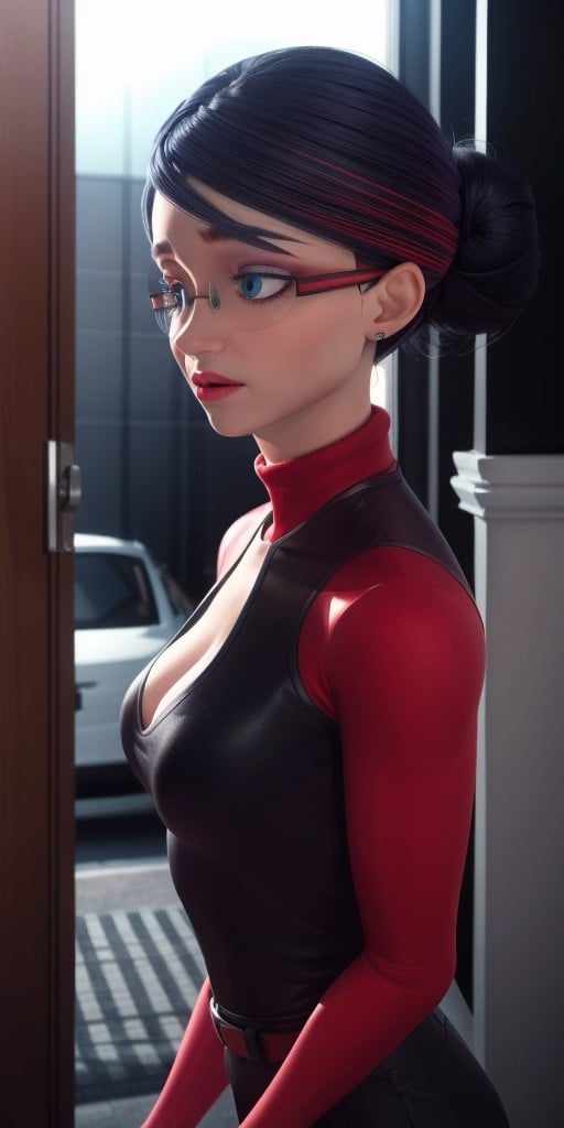 Hyperrealistic, photorealistic, super detailed, black hair with a streak on the left side that is dyed a red color, hair is pulled back into a bun with the hair on top, wrinkles under the eyes, glasses with black and red striped frames, pale blue eyeshadow, body like in real life, large pores, slender, pale skin, beautiful arms, medium breasts, unreal engine, octane render, droped shadow, bokeh, cinematic lighting, <lora:add_detail:0.5>, <lora:Volumetric_lighting:0.6>, Sancoeur, Nathalie, , <lora:23452684-03e9-4974-b01b-afc7ea555a43:0.7>