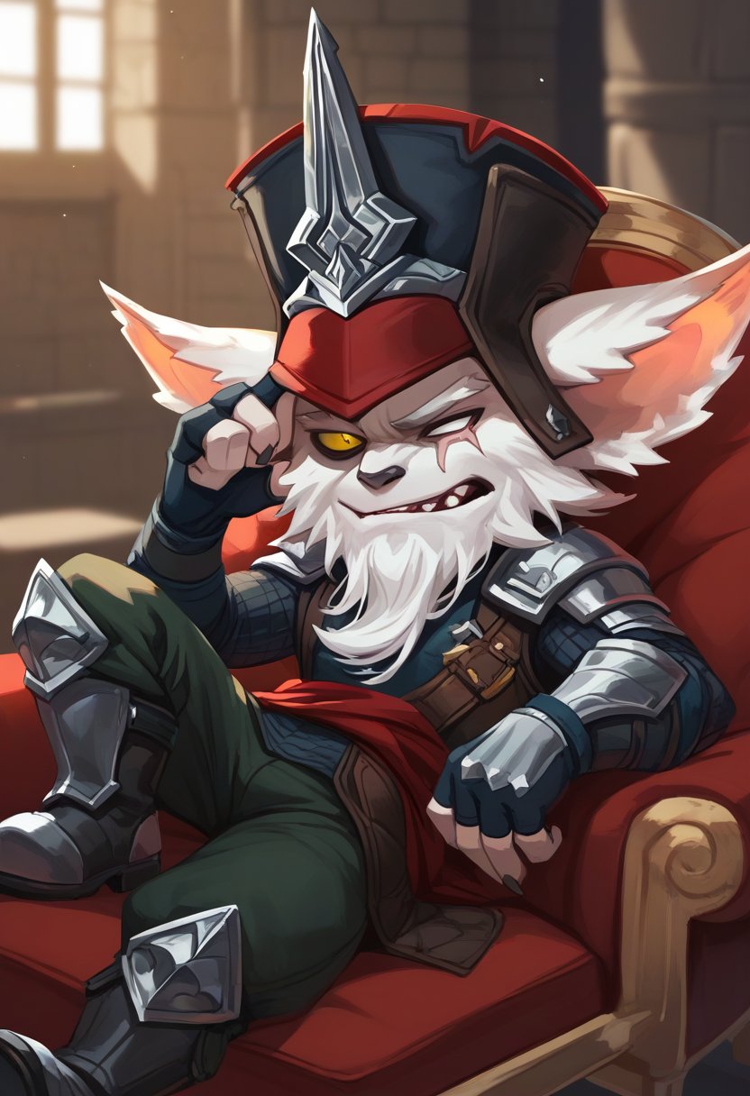 score_9, score_8_up, score_7_up, score_6_up, kl3d, 1boy, yordle, male focus, yellow eyes, white eye,scar across eye, one-eyed, facial hair, beard,  hat, black headwear, ears through headwear, armor, gloves, fingerless gloves, pants, boots , <lora:Kled_Default_v1:0.7>, castle, indoors, (sleepy),lying