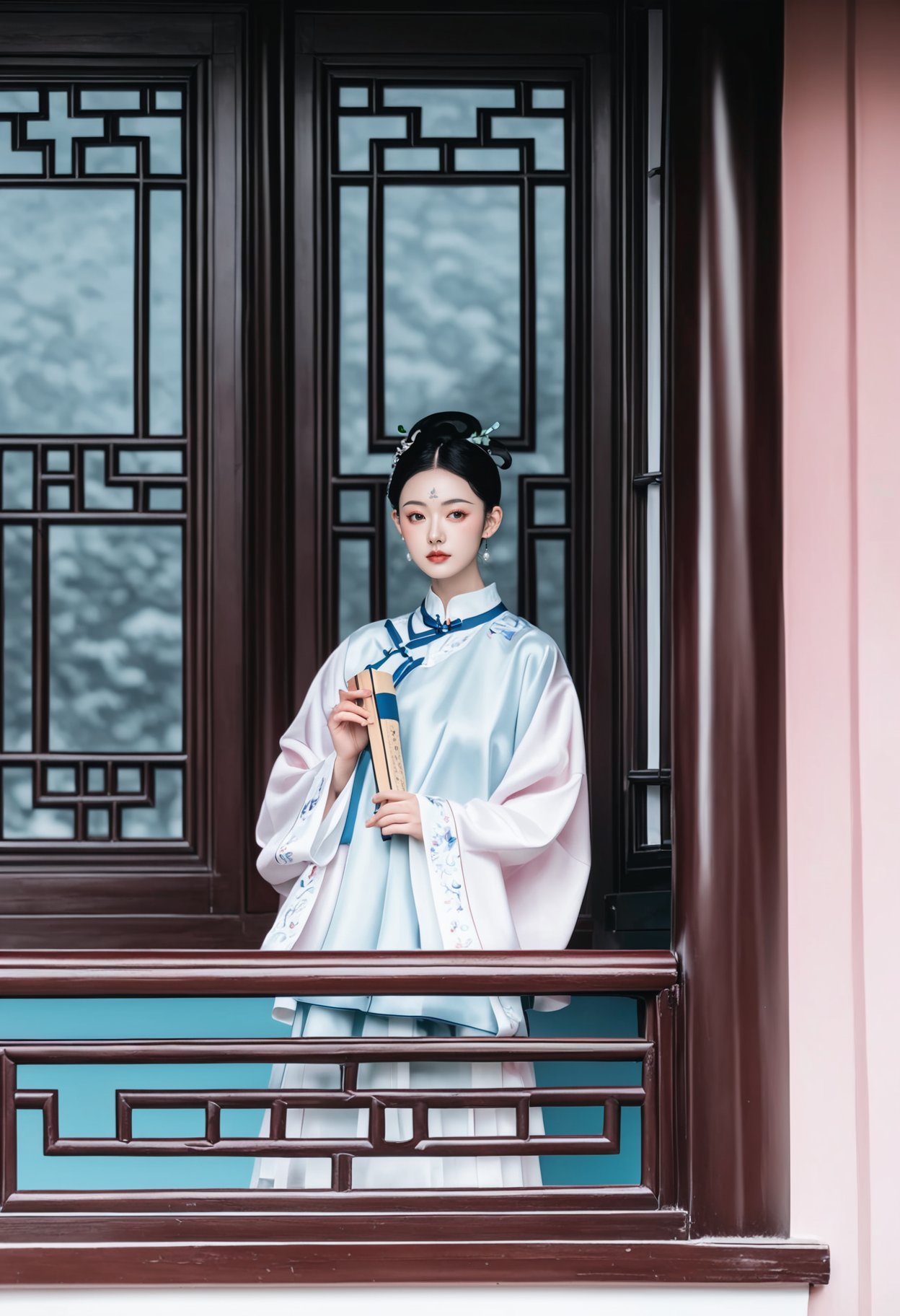 Inspired by "Dream of the Red Chamber," traditional Chinese attire, elegant woman holding a ancient book, standing on a wooden balcony, intricate wooden window frames in the background, serene expression, soft natural lighting, pastel pink and blue garments, poised and graceful pose, historical and cultural ambiance.