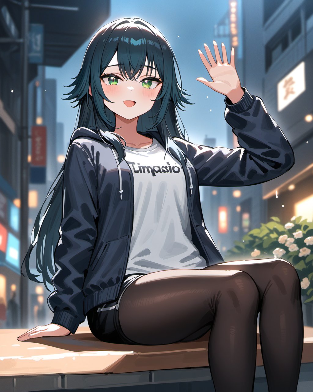 (impasto),best quality,masterpiece,highres,<lora:gakuenidolmaster1-A3:0.5>,temari tsukimura,temari four,1girl,green eyes,long hair,shoes,sneakers,hoodie,open clothes,white shirt,black hair,open jacket,black shorts,black pantyhose,clothes writing,outdoor,city,rainning,waving,:d,upper body,looking at viewer,((blurry foreground,flowers,blue sleeves)),Cinematic Lighting,moody lighting,Volumetric Lighting,cinematic_angle,dynamic_angle,sitting,