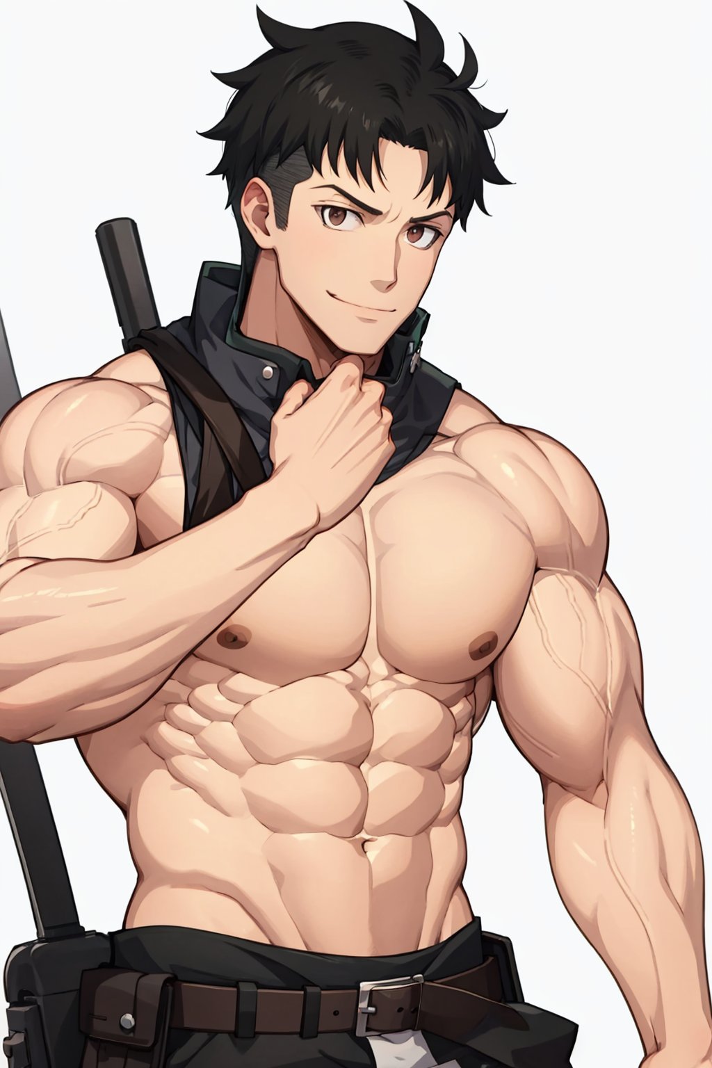 masterpiece,best quality, highly detailed, akitaru oubi,muscular male,bara,1boy,solo,abs,large pectorals,looking at viewer,navel,stomach,smile<lora:akitaru_oubi:1>,simple background,white background