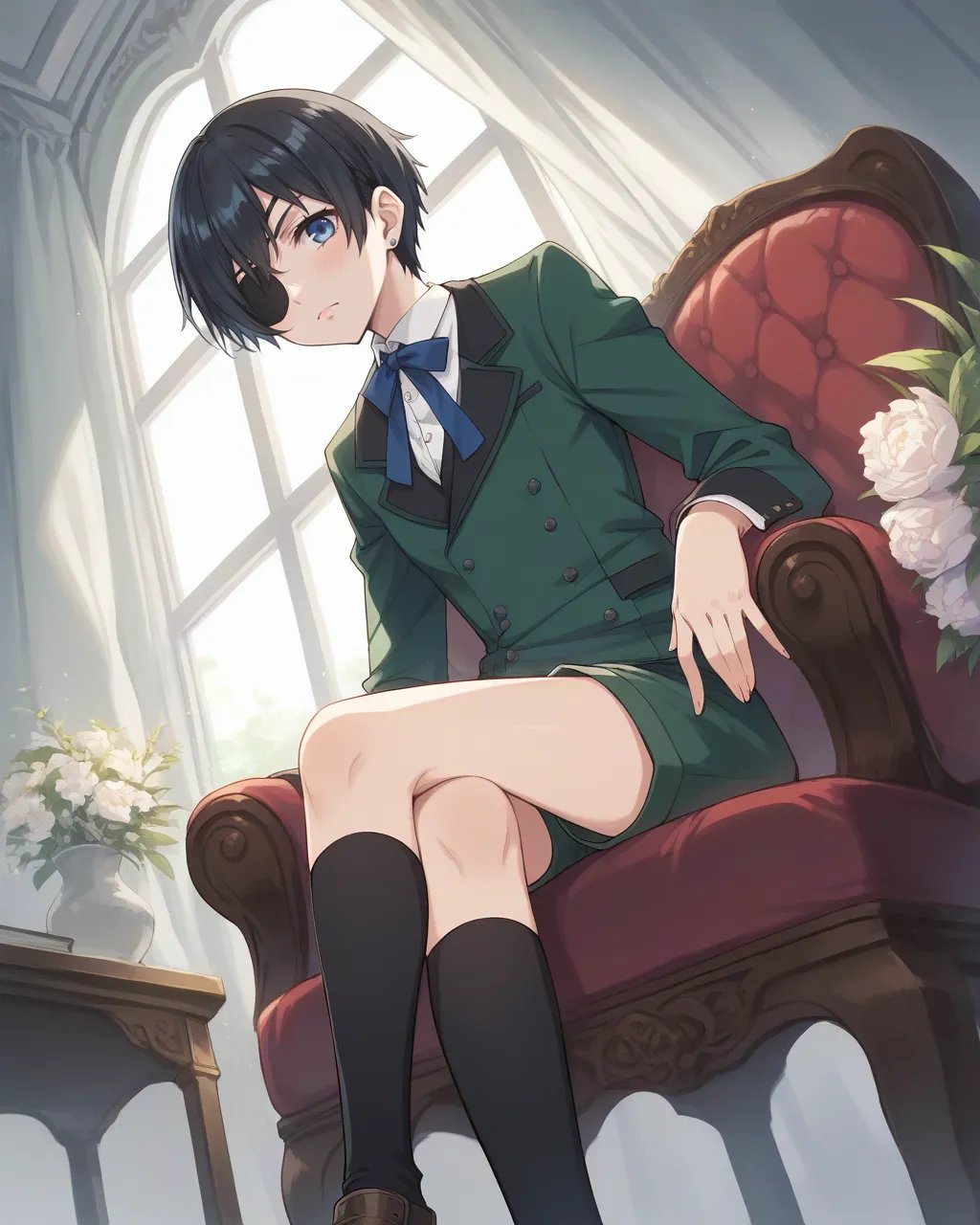 score_9,score_8_up,score_7_up,best quality, 4k, rating_safe, very aesthetic, source_anime,blush,room,<lora:Ciel_Phantomhive:0.7>, Ciel_PhantomhiveAA,blue eyes,black hair,short hair,eyepatch,green suit,shorts,earrings,black socks, dynamic angle,crossed legs,sitting chair,,