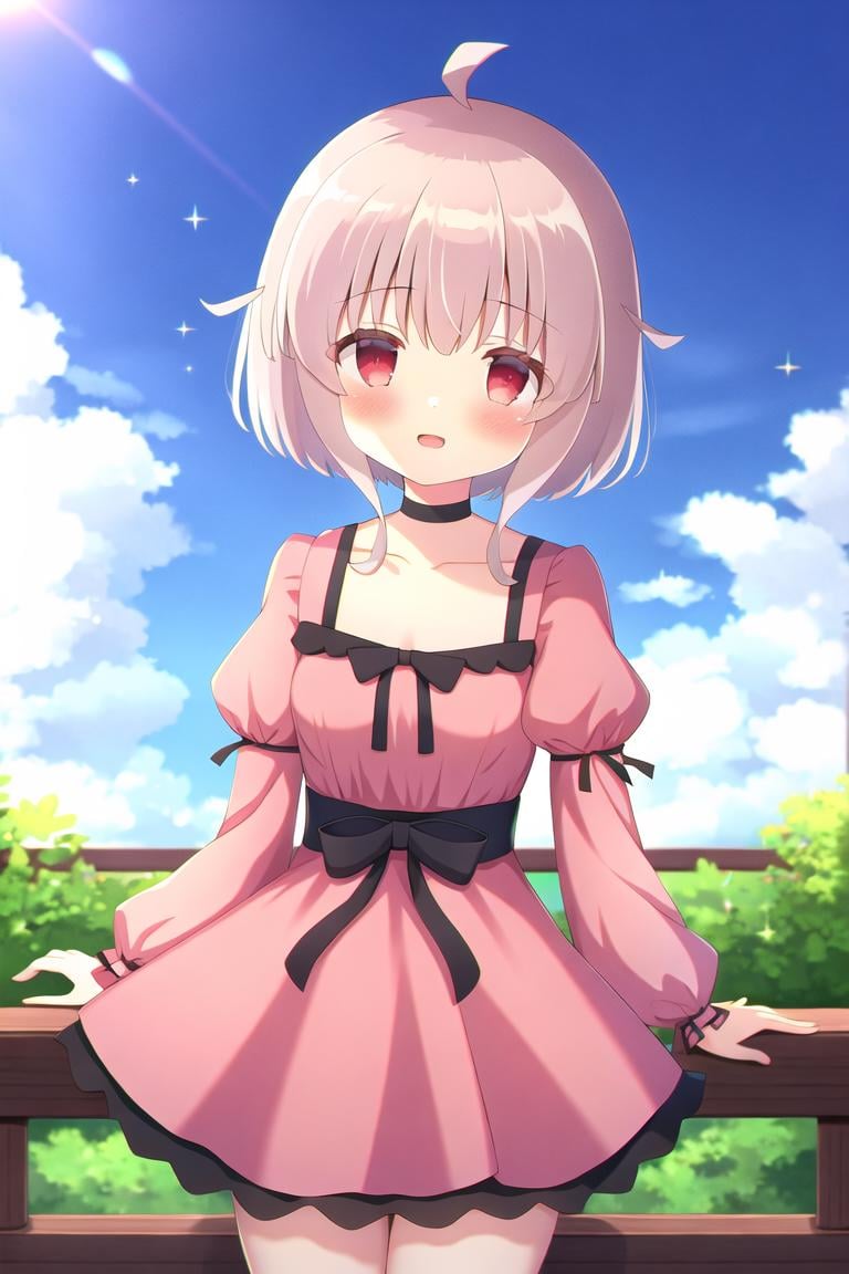 highres, high quality, 1girl, uehara meiko, small breasts, black choker, pink dress, juliet sleeves, outdoors, sky