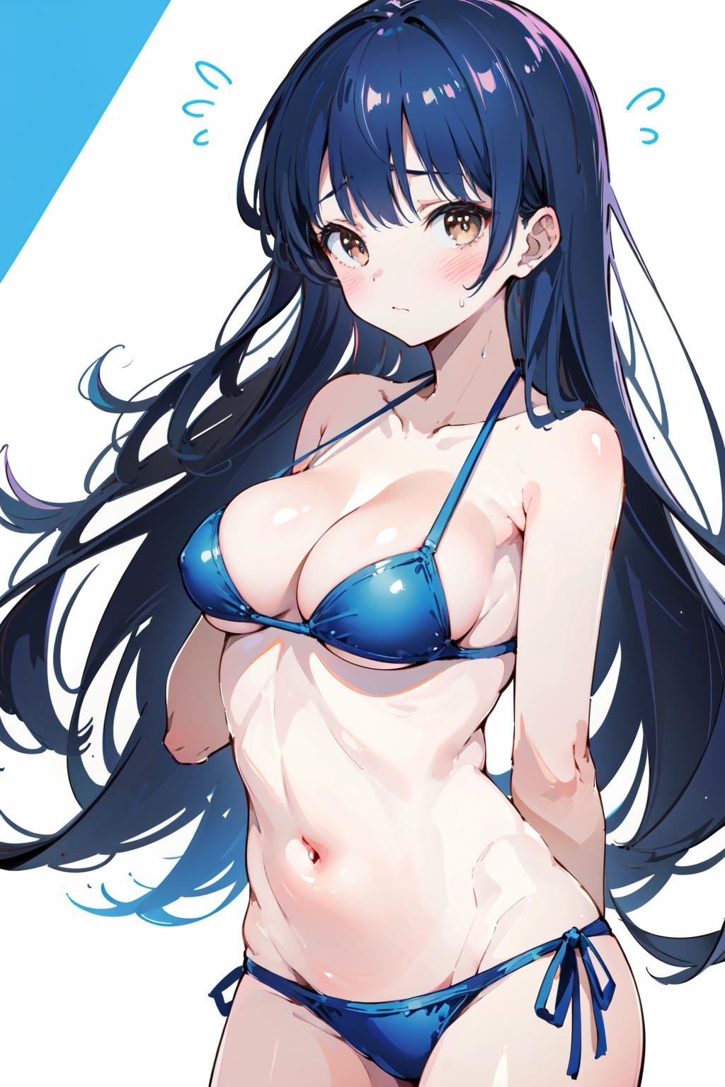 (masterpiece:1.2),best quality,PIXIV,Anna yamada,1girl,swimsuit,solo,breasts,show cleavage,bikini,white background,long hair,simple background,brown eyes,blush,looking at viewer,flying sweatdrops,medium breasts,cowboy shot,bangs,blue hair,blunt bangs,embarrassed,standing,closed mouth,bare shoulders,<lora:Anna yamada-000016:0.8>,