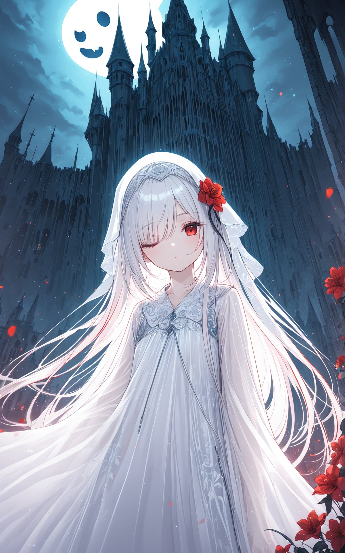 (masterpiece), (best quality), illustration, ultra detailed, hdr, Depth of field, (colorful),1girl, red eyes, white long translucent night gown, expressionless, (white hair), (hair cover one eye:1.2), long hair, red hair flower,blood, (ghost castle:1.5), (English text),