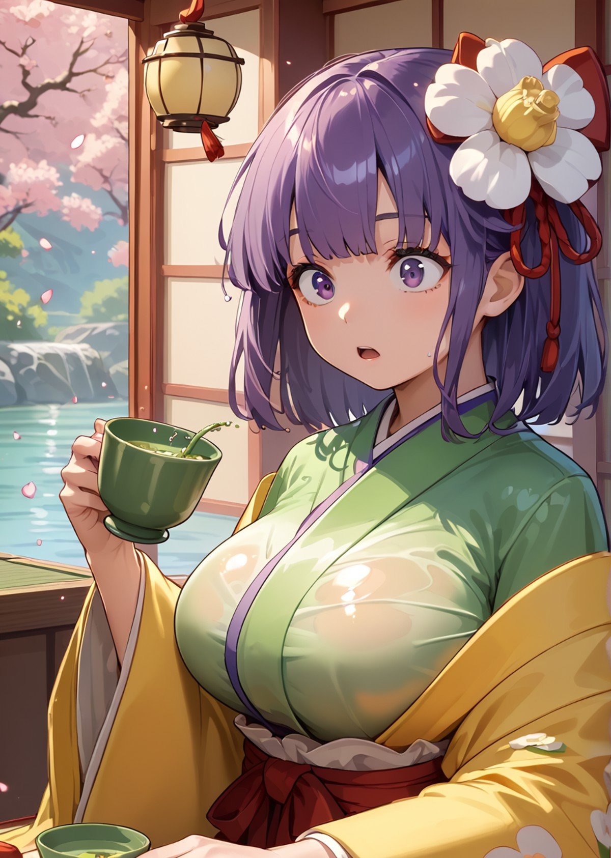 score 9, score 8 up, score 7 up, rating questionable,detailed background,<lora:akyuu.pony:1.0>,akyuu,large breasts, shiny skin,indoor, sit, seiza,  japanese cup, holding cup, green tea, water spill, see-though, wet clothing, surprised, 