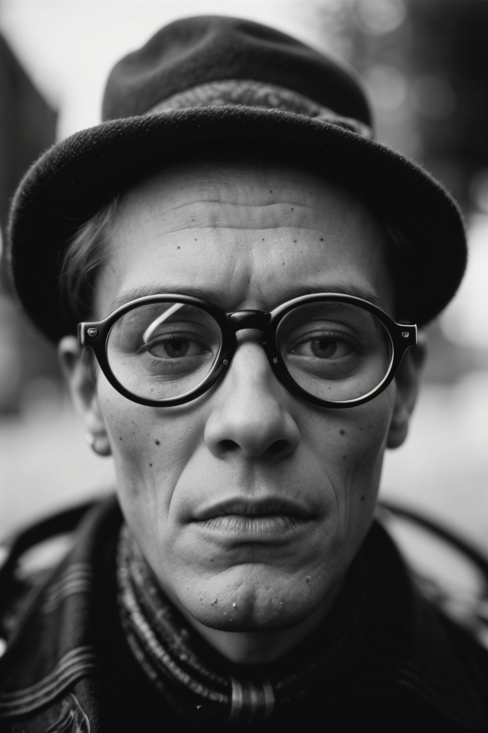 photograph, portrait, surreal, close up of a Temol, Glasses, Horror, Decopunk, High Shutter Speed, Fomapan 400, Depth of field 100mm, intricate detailed face, (designed by Jamie Hawkesworth:1.3) , William S. Burroughs, cityscape, elaborate, macabre