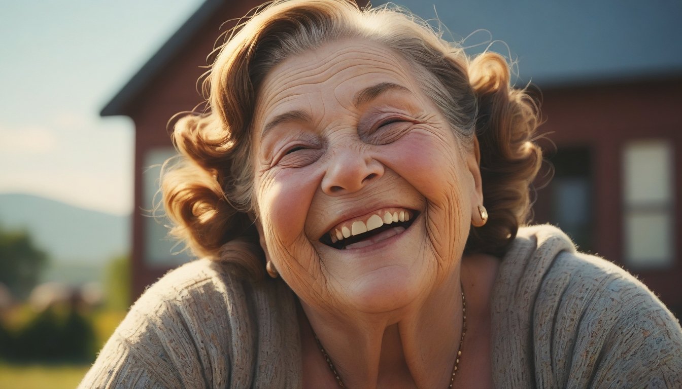 Cinematic still, studio, 99 y.o. portly Girl, Clear skies, soft focus, Cozy, decal art, Beautifully Lit, extremely content happy smile 