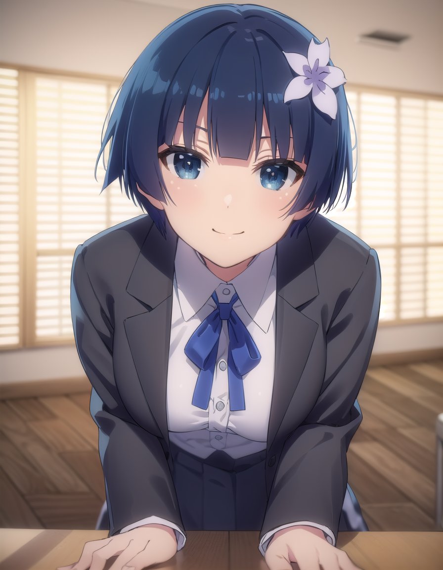 skyozakura, <lora:sk yozakura s1-lora-nochekaiser:1>,yozakura, short hair, blue eyes, hair ornament, blue hair, hair flower,BREAK shirt, long sleeves, ribbon, school uniform, jacket, white shirt, black ribbon, neck ribbon, buttons, grey jacket,BREAK indoors, classroom,BREAK looking at viewer, (cowboy shot:1.5), smile,BREAK <lyco:GoodHands-beta2:1>, (masterpiece:1.2), best quality, high resolution, unity 8k wallpaper, (illustration:0.8), (beautiful detailed eyes:1.6), extremely detailed face, perfect lighting, extremely detailed CG, (perfect hands, perfect anatomy),