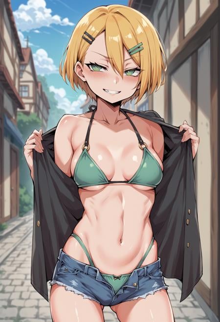 1girl, bikini, black shirt, blonde hair, blush, smug, teeth, breasts, denim, denim shorts, eyelashes, green bikini, green eyes, hair ornament, hairclip, looking at viewer, medium breasts, micro shorts, navel, open fly, shirt, short hair, shorts, solo, standing, swimsuit, undressing, blurry,<lora:senbei_avocadochaya_XL:1>, score_9, score_8_up, score_7_up, score_6_up, score_5_up, score_4_up, BREAK source_anime, masterpiece