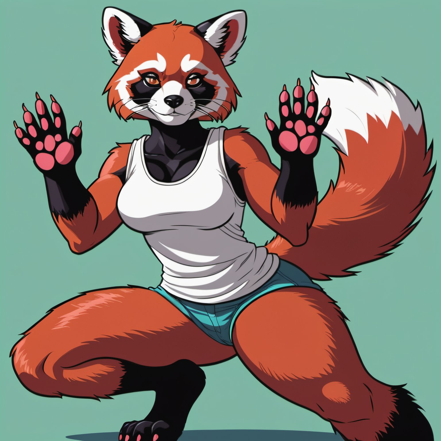 Closeup of an anthro furry red panda female wearing a loose white tank top, paws, paw pads towards viewer, Retro style artwork, comic book art, high details, comic book cover, symmetrical, vibrant colors