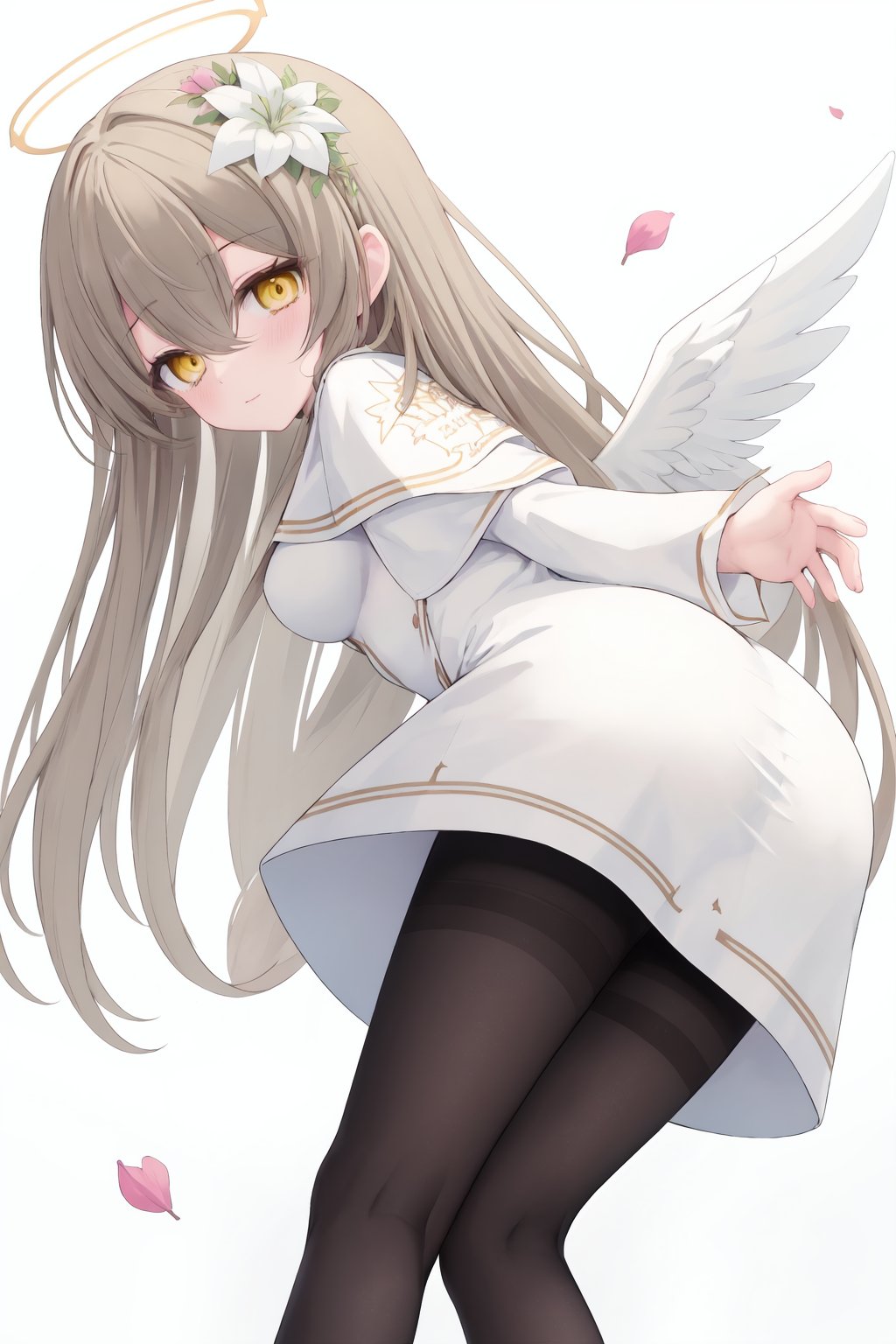 1girl,solo,flower,long hair,hair flower,wings,hair ornament,pantyhose,looking at viewer,dress,white wings,yellow eyes,petals,blush,ass,feathered wings,white dress,bangs,halo,long sleeves,white background,breasts,black pantyhose,very long hair,looking back,hair between eyes,feet out of frame,arms behind back,white capelet,capelet,brown hair,thighband pantyhose,from behind,closed mouth,angel wings,simple background,bent over,own hands together,