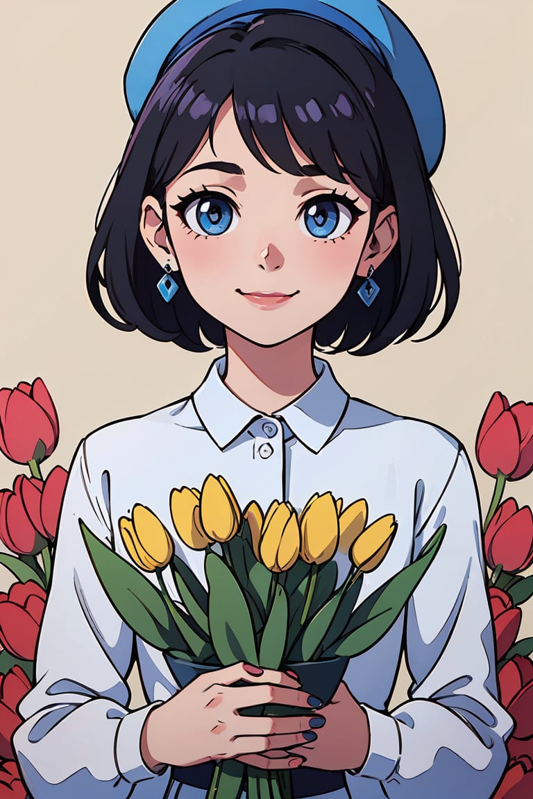 (best quality, 4k, 8k, highres, masterpiece:1.5), ultra-detailed,anime, 1girl,solo,looking at viewer,blush,smile,short hair,bangs,blue eyes,shirt,black hair,long sleeves,hat,holding,jewelry,upper body,flower,earrings,nail polish,blue headwear,blue flower,holding flower,tulip