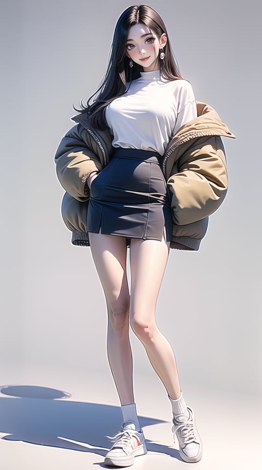 (best quality), ((masterpiece)), (highres), illustration, original, extremely detailed,dbj, 1girl, solo, long hair, skirt, full body, white footwear, sneakers, shoes, black skirt, jewelry, red lips, pencil skirt, breasts, earrings, standing, white background, looking at viewer, simple background, jacket, shirt, long sleeves, socks, white socks, miniskirt, zipper, sleeves past wrists, high-waist skirt, hand in pocket, open clothes, mole under eye, mole, closed mouth, large breasts, brown shirt, smile, lipstick, shadow, makeup, brown hair, blush, bare legs, parted bangs