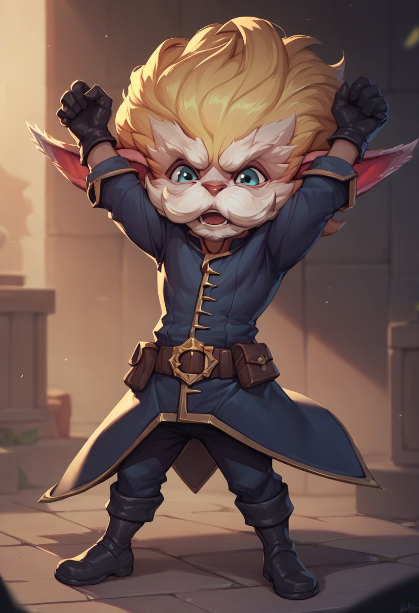 score_9, score_8_up, score_7_up, score_6_up, h3im3rding3r, 1boy, male focus, yordle, blonde hair, pointy ears, mustache, belt, pants, black gloves, gloves, black footwear, <lora:Heimerdinger_Default_v1:0.7>, happy, arms up