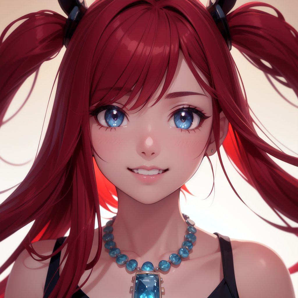 a close up from 1 beautiful and cute girl, extreme close-up, detailed blue-silver eyes, ((long red hair)),  beautiful dainty necklace,  shy smile,  (masterpiece:1.2), (best quality:1.2), newest, ai-generated, ultra-detailed, best shadow, detailed background, high contrast, (best illumination, an extremely delicate and beautiful), ((cinematic light)), hyper detail, dramatic light, intricate details, 8k, anime, very aesthetic, vibrant color,