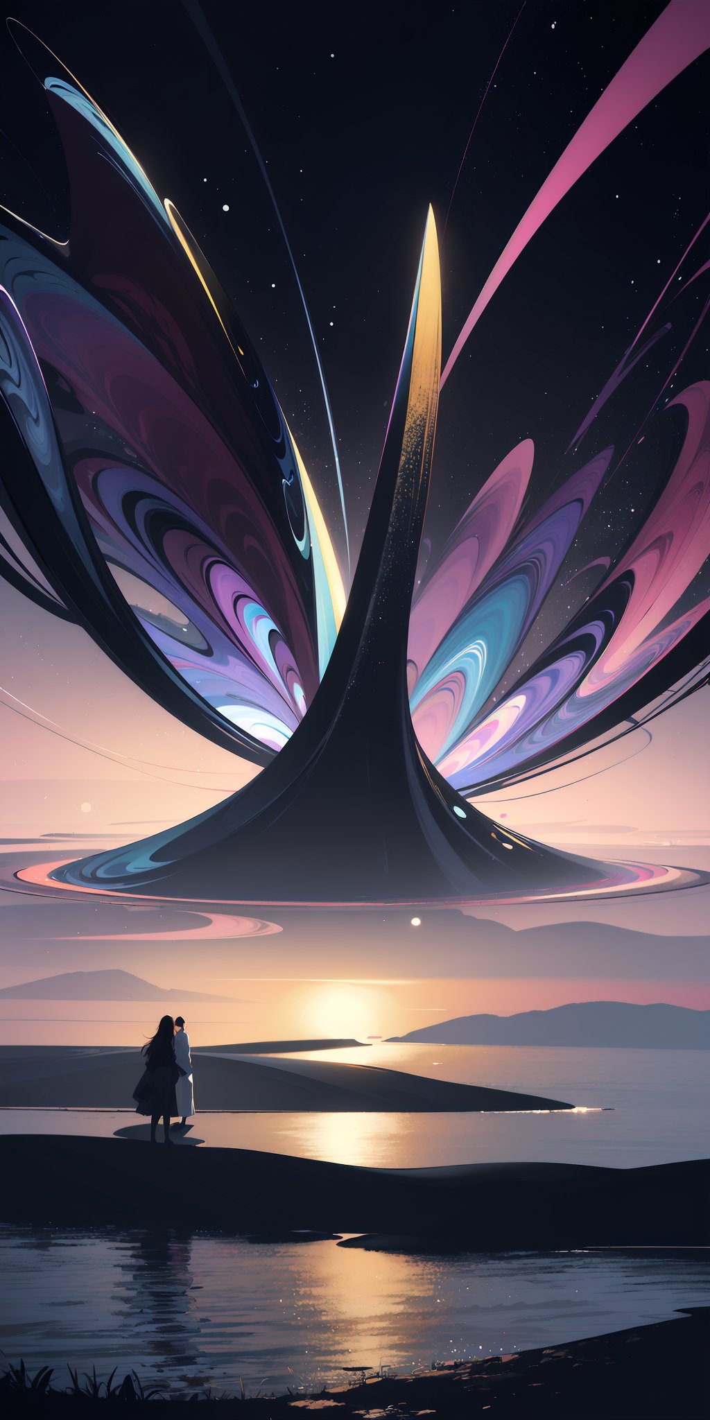 A girl standing in the center of the lake,feeling lonely,Masterpiece,high-definition resolution,rich details,Ultra high quality,8k wallpaper,Rich colors,GMajic,Spatial distortion,Rotation,fluorescence,Contrasting colors,gradient colors,Film texture,grand narrative scenes,abstract art,Illustration Art,Dynamic posture,relaxed posture,(colorful stars:1.1),light,(Abstract Art:1.1),Light and Shadow Art,Abstract human body,integrated with the universe,Mysterious feeling,simple style,High contrast,Illusory color,scenes of spring,lake surface,small boats,(Chinese landscapes:1.2),embroidered texture,Linear art,