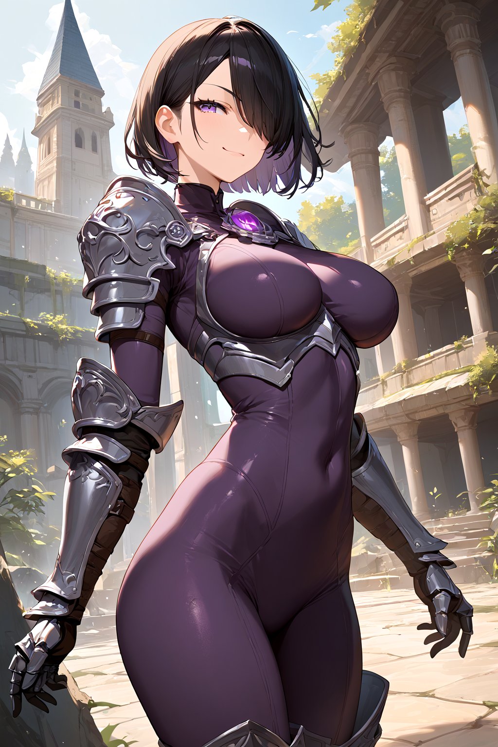 score_9, score_8_up, score_7_up, score_6_up, score_5_up, score_4_up, source_anime, BREAK, highres, official art, detailed face and eyes, face focus, solo focus, cinematic darkness, smug woman, large breasts, wide hips, short black hair with sideswept bangs, hair over one eye, violet eyes, skintight bodysuit, armored gauntlets and greaves, overgrown stone temple