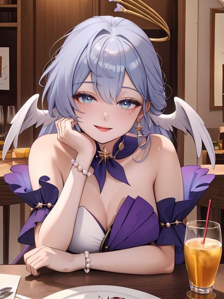 ((masterpiece,best quality)), 1girl, robin, head wings, halo, pearl bracelet, drinking glass, table, sitting, facing viewer, smile, half-closed eyes, hand on own cheek, upper body,