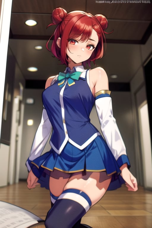 1girl, red hair, short hair, red eyes, hair bun, cosplay, blue shirt, blue skirt, green bowtie, white thighhighs, gem, boots, pleated skirt, zettai ryouiki, detached sleeves, white sleeves, sleveeles shirt, see-throught, see-through skirt, <lora:AquaKonosubaCostume-10:1>, BREAK(masterpiece, best quality, ultra detailed, intricate details:1.2), beautiful detailed eyes, solo,  <lora:more_details:0.4> 