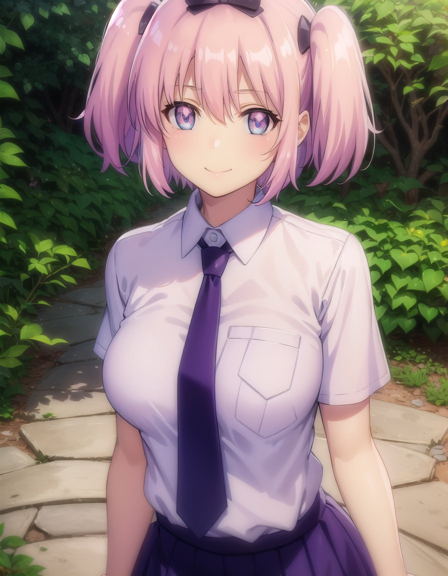 skhibari, <lora:sk hibari s1-lora-nochekaiser:1>,hibari, short hair, bow, twintails, pink hair, hair bow, symbol-shaped pupils, short twintails, blue eyes,BREAK skirt, bow, school uniform, necktie, purple skirt,BREAK outdoors, classroom,BREAK looking at viewer, (cowboy shot:1.5), smile,BREAK <lyco:GoodHands-beta2:1>, (masterpiece:1.2), best quality, high resolution, unity 8k wallpaper, (illustration:0.8), (beautiful detailed eyes:1.6), extremely detailed face, perfect lighting, extremely detailed CG, (perfect hands, perfect anatomy),