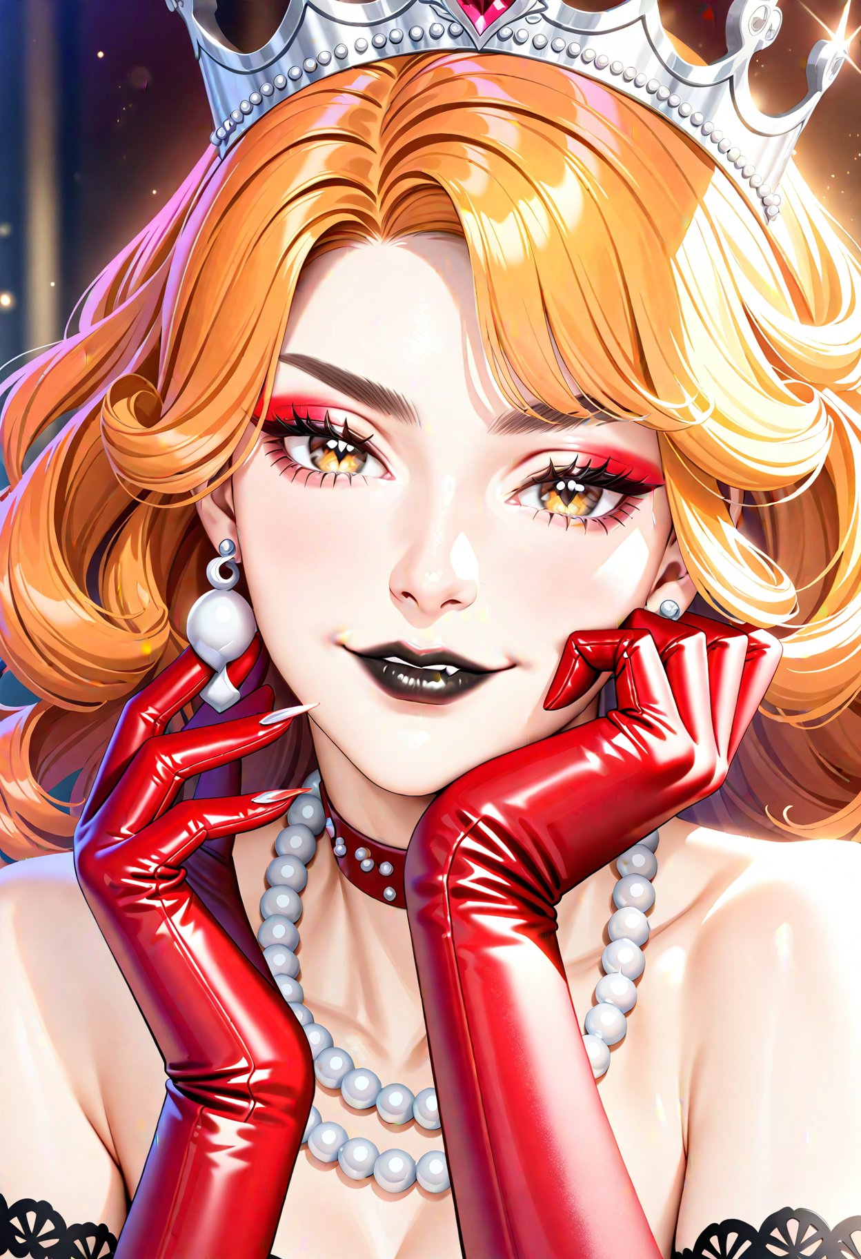 1girl,    gloves, red gloves, jewelry, solo, hand on own face, long hair, lips, crown, looking at viewer, eyeshadow, pearl necklace, fangs, black lips, necklace, red collar, bare shoulders, skull print, collarbone, hand on own cheek, white eyes, curly hair, earrings, collar, light smile, portrait, lipstick, orange hair, makeup, elbow gloves, closed mouth, realistic, brown eyes, masterpiece, best quality, newest,  safe