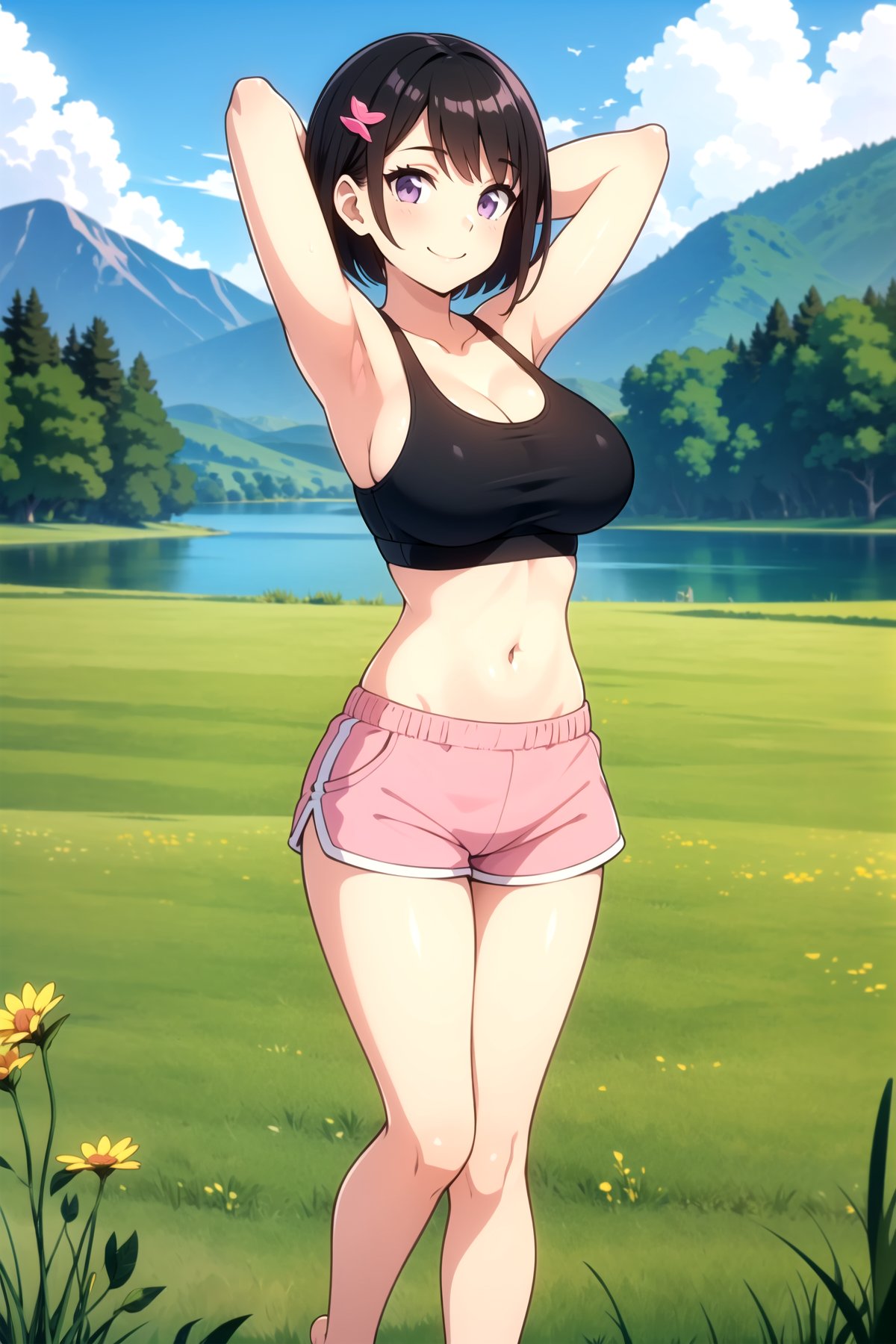 1girl, breasts, brown hair, solo, (purple eyes:1.2), long hair, shorts, outdoors, navel, smile, (sky:1.3), large breasts, looking at viewer, cloud, day, two side up, dolphin shorts, short shorts, (pink shorts:1.3), midriff, (arms behind head:1.2), blue sky, grass, crop top, arms up, (black sports bra:1.4), thighs, full body, (feet out of frame:1.6), clouds, hair ornament, short hair, (field:1.2), mountains, blur, depth of field,  trees, nature, (lake:1.2), (no humans:1.4),