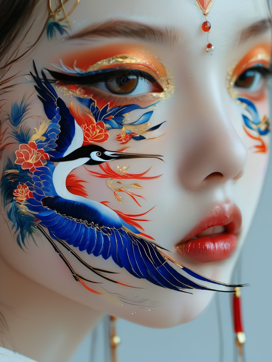 zhuangrong,1girl, half face, symmetrical face, close-up, crane pattern,<lora:xlgfzr:1>,