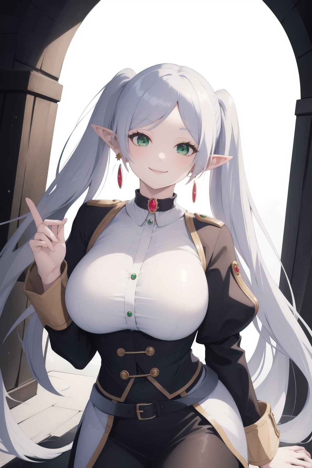 (masterpiece, best quality),1girl,frieren,long hair,twintails,pointy ears,earrings,jewelry,(parted bangs),green eyes,smile,closed mouth,huge breasts,white choker,<lora:lbc_Frieren24324_v1.0:1>,