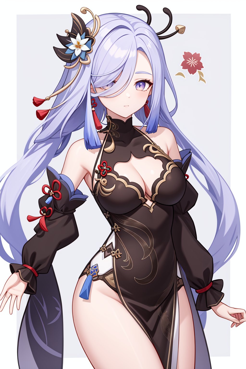 <lora:申鹤皮肤v2:1:lbw=char>,1girl,shenhe \(genshin impact\),bare shoulders,detached sleeves,black dress,alternate costume,tassel,china dress,long sleeves,tassel earrings,high quality,chinese clothes,cleavage,flower,, (masterpiece,best quality,high quality:1.2),absurdres,