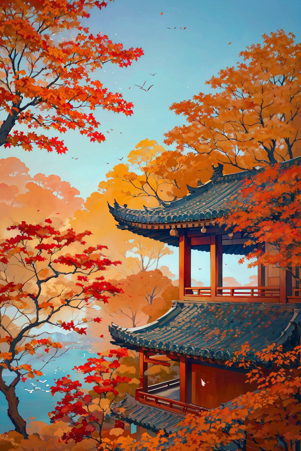 -Hanama wine, scenery, tree, bird, outdoors, east asian architecture, architecture, autumn leaves, sky, day, no humans, traditional media, autumn, painting \(medium\), blue sky,anime,<lora:Hanama wine V2-000018:0.8>,