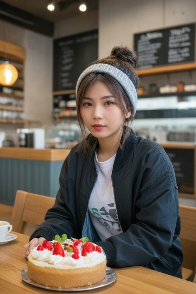 (vivid:1.2), HDR, 20yorealistic photo of a Japanese woman,"A woman exudes urban cool in a hip-hop outfit perfect for the city streets. She wears distressed boyfriend jeans, a graphic t-shirt layered under a bomber jacket, and high-top sneakers. Her hair is styled in a messy bun, and she accessorizes with chunky silver rings and a beanie.""Depict a woman about to take a bite of a delicious cake, enjoying the anticipation and sweetness. Frame the shot from a side angle, capturing her from the waist up, with the cake and cafe in focus. She can have a playful expression and a look of delight, wearing a stylish outfit that complements the cafe's decor. The background can be a vibrant cafe with colorful decor and other customers enjoying their meals."