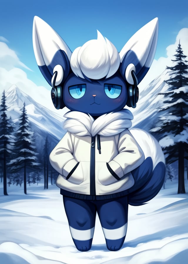 by Anna Bocek, by Albert Marquet, by Manmosu Marimo, animal crossing, (solo small short chibi meowstic:1.3), (blue body, hollow eyes, blue eyes, white neck tuft:1.15), (full-length portrait, front view, black winter coat, headphones, fluffy tail), BREAK, (winter day, forest, mountain, cloud), masterpiece, best quality, 4k, 2k, (high detail, shaded:1.25), absurd res