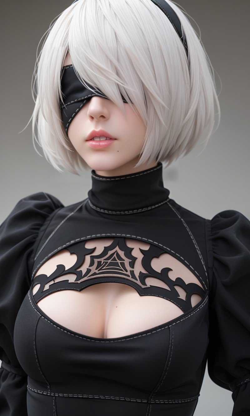 1girl, solo, blindfold, yorha no. 2 type b, black blindfold, upper body, puffy sleeves, dress, short hair, white hair, black dress, juliet sleeves, hairband, breasts, cleavage cutout, long sleeves, parted lips, turtleneck, clothing cutout, black hairband, medium breasts, covered eyes, mole under mouth, mole, lips, pink lips, nose, facing viewer, hair over eyes, teeth