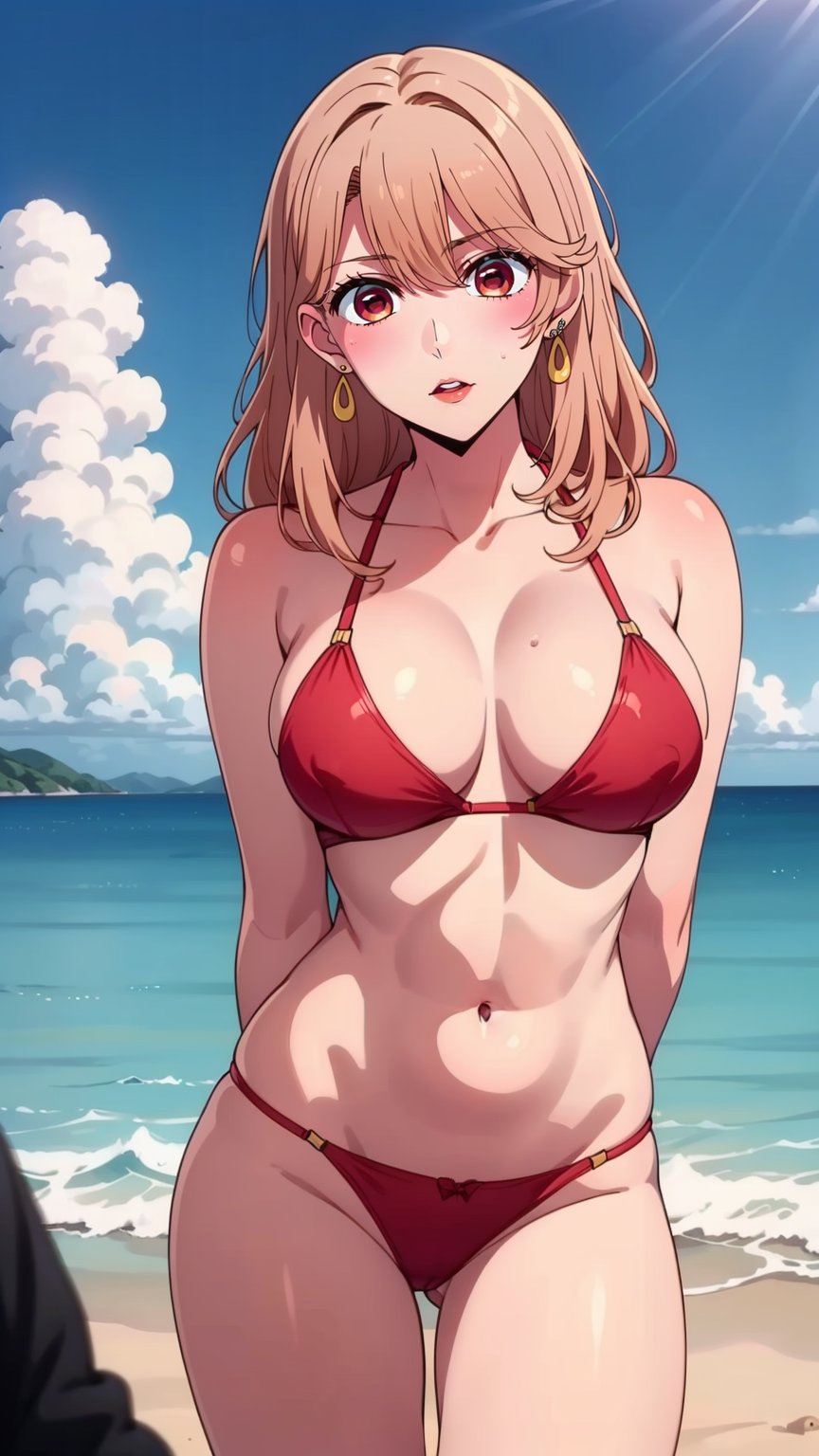 masterpiece, best quality, high resolution, highly detailed, HDR, intricate detail, ultra detailed,BREAK<lora:miyako saitou_moewaifu974:0.75>( long hair:1.3)_strawberry-blonde hair_(red eyes:1.3)_earrings,BREAK(neutral:1.3)_ (cowboy_shot:1.4)( arms behind back:1.5)_ looking_at_viewerBREAKkkw-b-bbBREAKBright sun shines on the sandy beach. Fluffy clouds dot the azure sky above. Waves crash, creating foamy bubbles.(cloud_sky_sunray:1.4)BREAK(Red bikini:1.3)