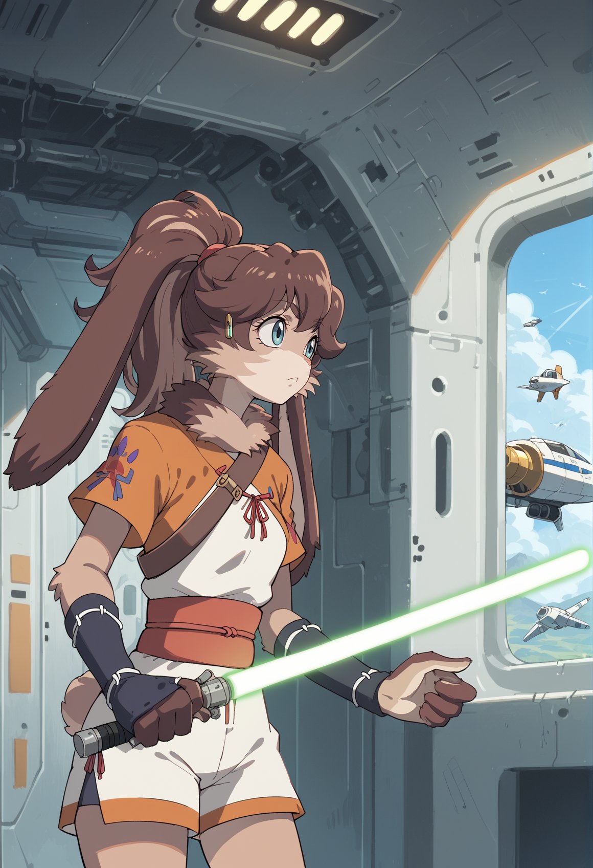 1girl, rabbit girl, long hair, brown hair, ponytail, blue eyes, furry, japanese clothes, wristbands, obi, short sleeves, shorts, holding green lightsaber, indoors, spacecraft interior, closed umbrella,  <lora:LOP_sw:1>, score_9, score_8_up, score_7_up, score_6_up, score_5_up, score_4_up, BREAK source_anime, masterpiece