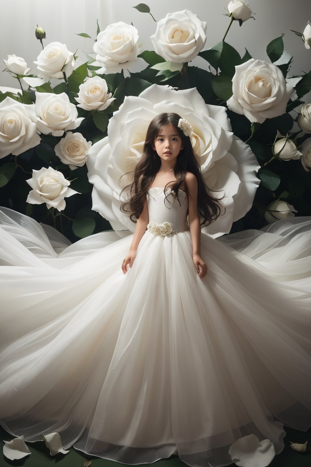 <lora:A five year old girl_20240506194719:0.7>,(5-year-old girl:1.2),flower,dress,solo,long hair,white flower,petals,white dress,white rose,rose,brown hair,bare shoulders,very long hair,strapless,black hair,strapless dress,