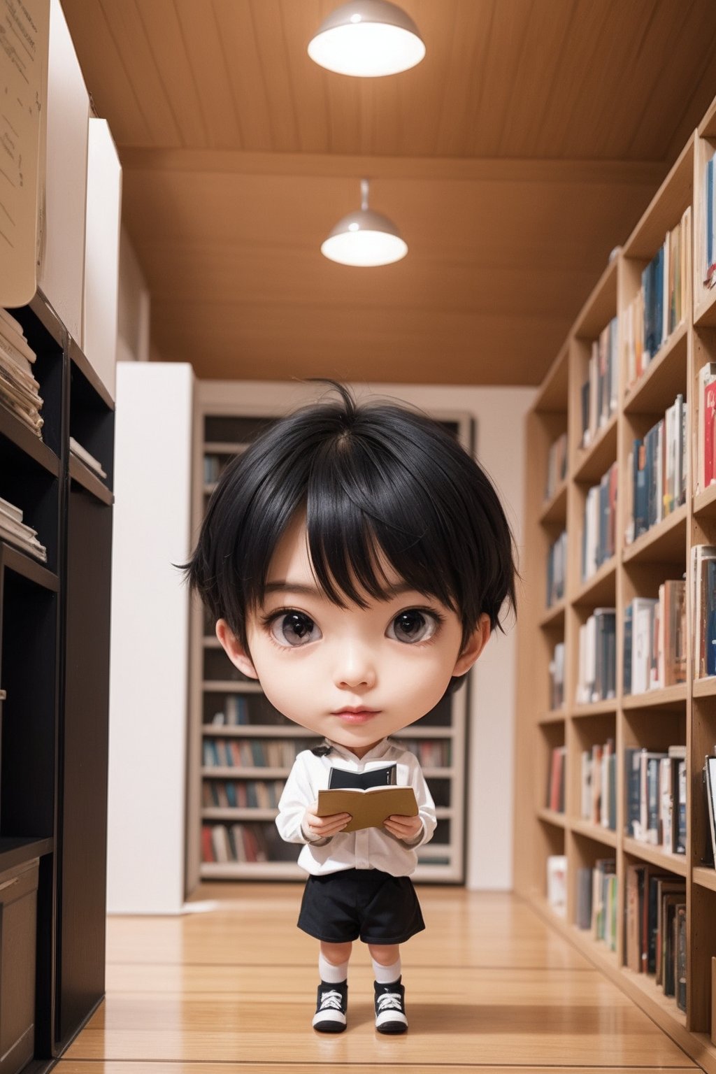 1man,full body,indoors,reading book,chibi