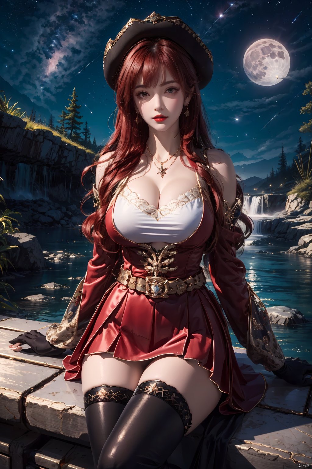 mhc, 1girl, breasts, solo, gloves, thighhighs, jewelry, long hair, hat, large breasts, cleavage, sitting, red hair, dress, night, looking at viewer, earrings, black gloves, belt, moon, bare shoulders, parted lips, black thighhighs, outdoors, star \(sky\), sky, very long hair, necklace, red lips, night sky, lips, arm support, red dress, shooting star, water, starry sky, bangs, detached sleeves, zettai ryouiki, brown hair<lora:EMS-372821-EMS:0.800000>