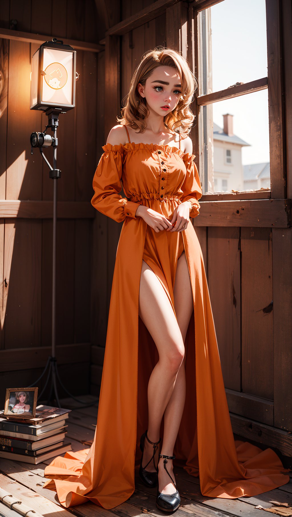 FlorencePugh,Parisienne dress,feminine pose,well-lit wooden structure,abandoned Wild West ghost town,late afternoon,colorful red orange yellow light,very emotional camera angle,medium format camera,in the style of (Life Magazine),