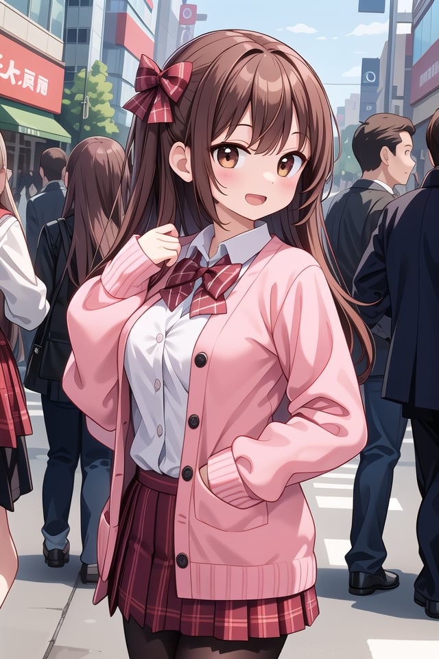 insanely detailed, absurdres, ultra-highres, ultra-detailed, best quality,1girl, solo, nice hands, perfect handsBREAK(School Uniforms:1.2), (pink cardigan is fit body:1.4), ((do up a buttons, not loose):1.5), ((long sleeve, sleeves past wrists):1.2), (inner wear is white collared-shirt:1.3), (red plaid-pattern bow:1.3), (red plaid-pattern pleated skirt:1.3), ((dark-brown pantyhose, loafers):1.2)BREAKhappy smile, laugh, open mouth, standing,from side,cute pose, cowboy shotBREAKslender, kawaii, perfect symmetrical face, ultra cute girl, ultra cute face, ultra detailed eyes, ultra detailed hair, ultra cute, ultra beautifulBREAKin harajuku, shibuya, tokyo, street, crowd, cityscapeBREAKmedium large breasts,(brown hair, brown eyes), hime cut