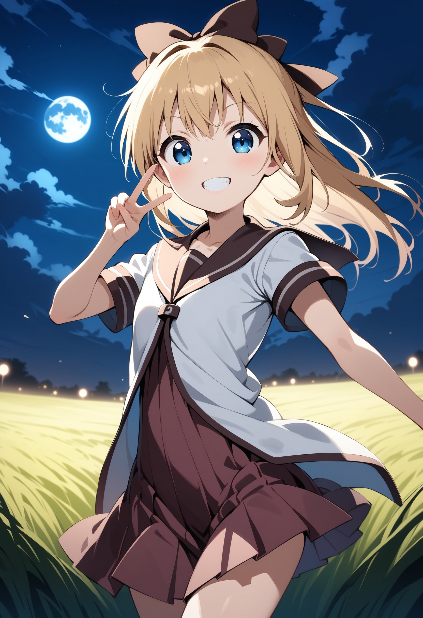 masterpiece, best quality, very aesthetic, absurdres,1girl, toshinou kyouko, yuru yuri, blonde hair, blue eyes, nanamori school uniform, v, smile, grin, looking at viewer, night, sky, moon, field, wind,